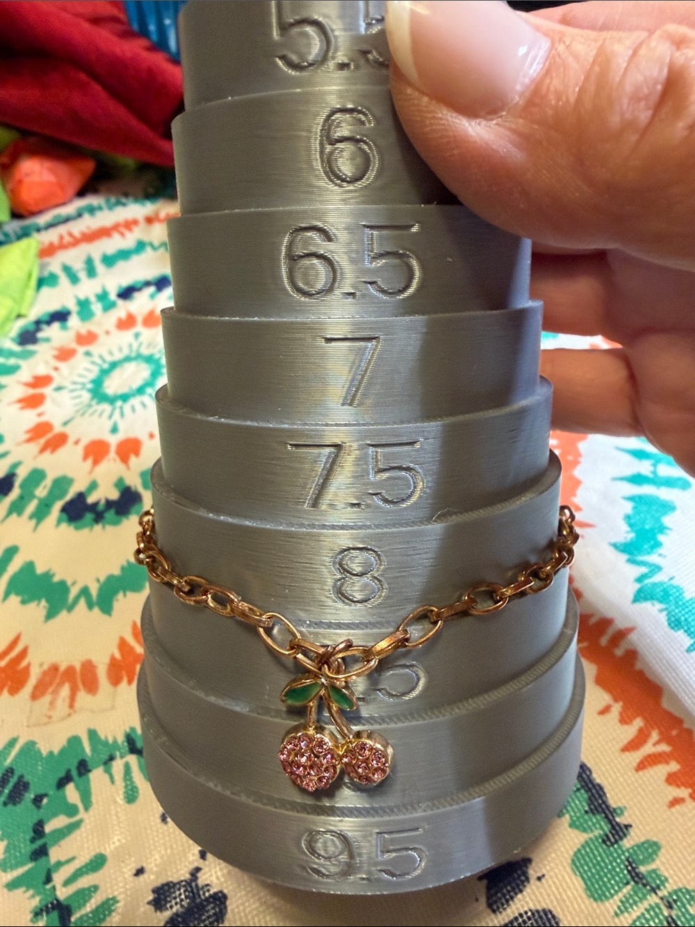 Gold/rose tone cherry  Bracelet wPink Crystal Cherries 6.5”-8”good condition
